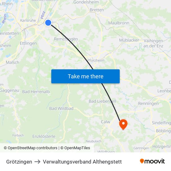 Grötzingen to Verwaltungsverband Althengstett map