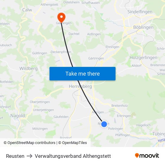 Reusten to Verwaltungsverband Althengstett map