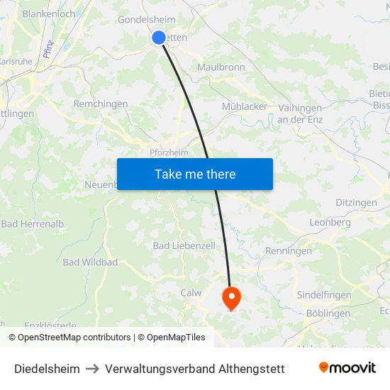 Diedelsheim to Verwaltungsverband Althengstett map