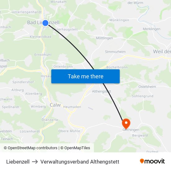 Liebenzell to Verwaltungsverband Althengstett map