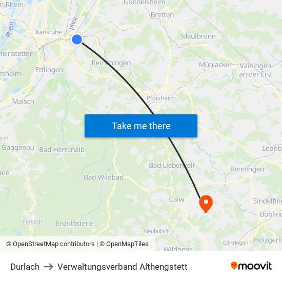 Durlach to Verwaltungsverband Althengstett map