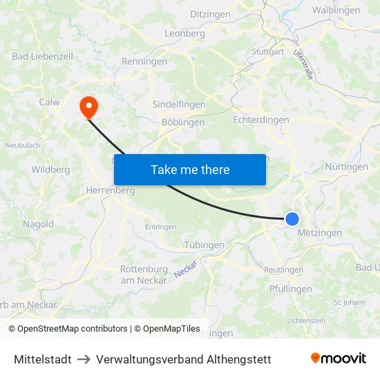 Mittelstadt to Verwaltungsverband Althengstett map