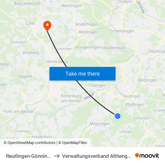 Reutlingen-Gönningen to Verwaltungsverband Althengstett map