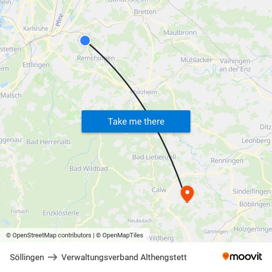 Söllingen to Verwaltungsverband Althengstett map