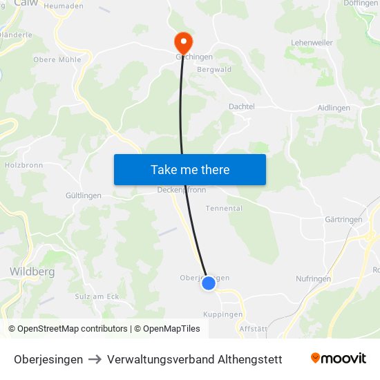 Oberjesingen to Verwaltungsverband Althengstett map