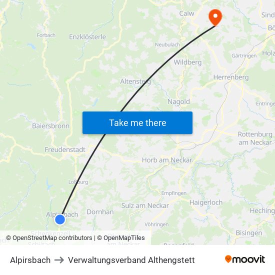 Alpirsbach to Verwaltungsverband Althengstett map