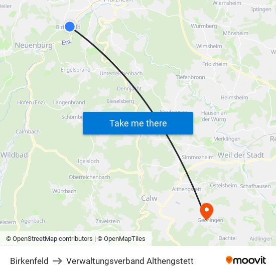 Birkenfeld to Verwaltungsverband Althengstett map