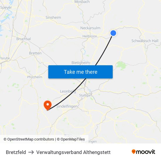 Bretzfeld to Verwaltungsverband Althengstett map