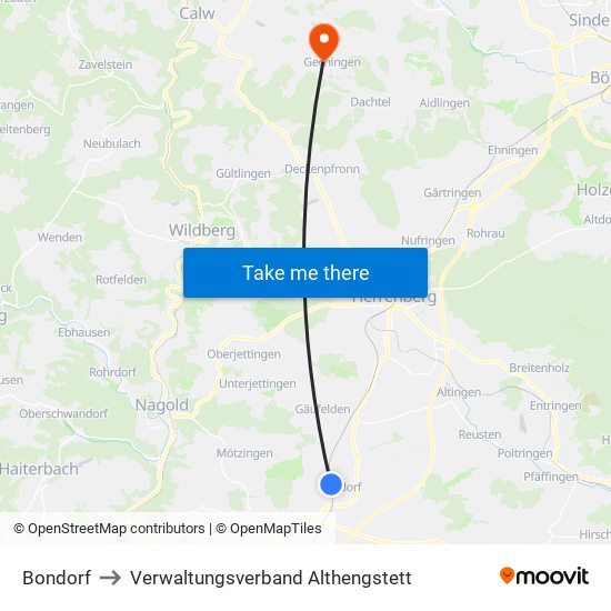 Bondorf to Verwaltungsverband Althengstett map