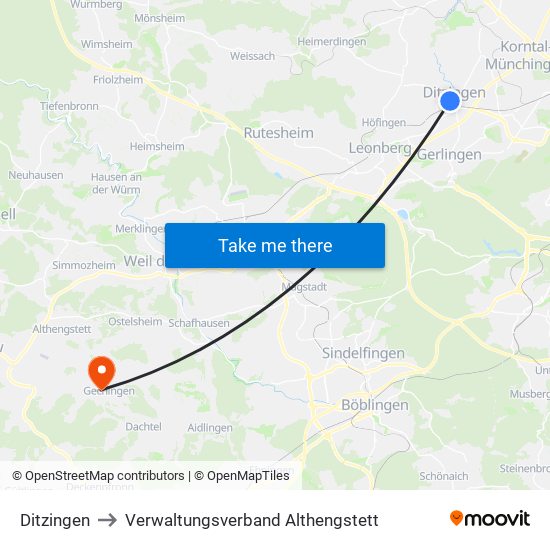 Ditzingen to Verwaltungsverband Althengstett map