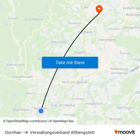 Dornhan to Verwaltungsverband Althengstett map