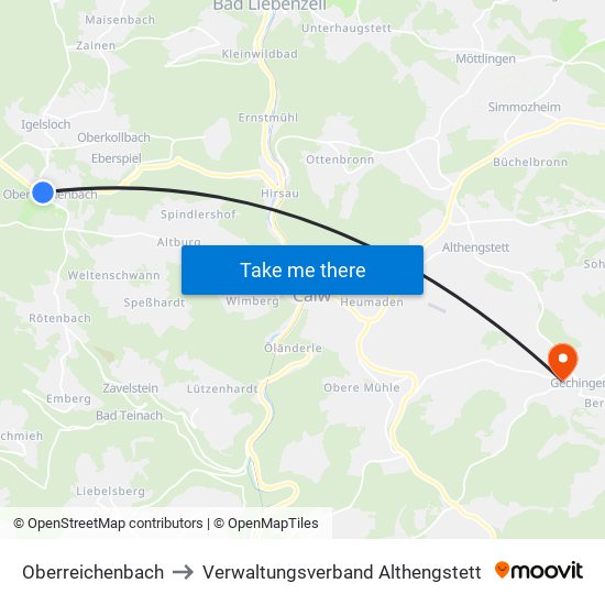 Oberreichenbach to Verwaltungsverband Althengstett map