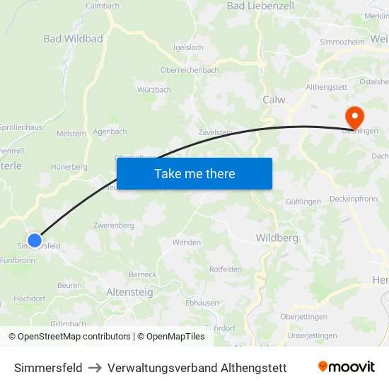 Simmersfeld to Verwaltungsverband Althengstett map