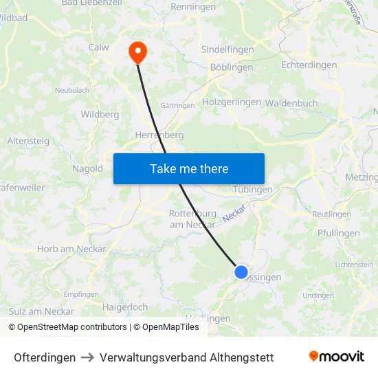 Ofterdingen to Verwaltungsverband Althengstett map