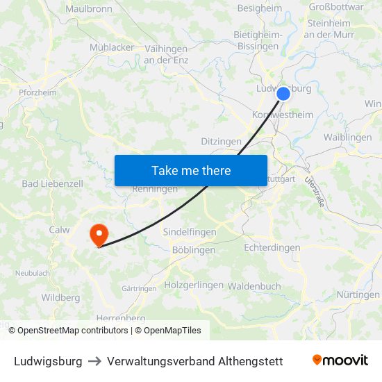 Ludwigsburg to Verwaltungsverband Althengstett map