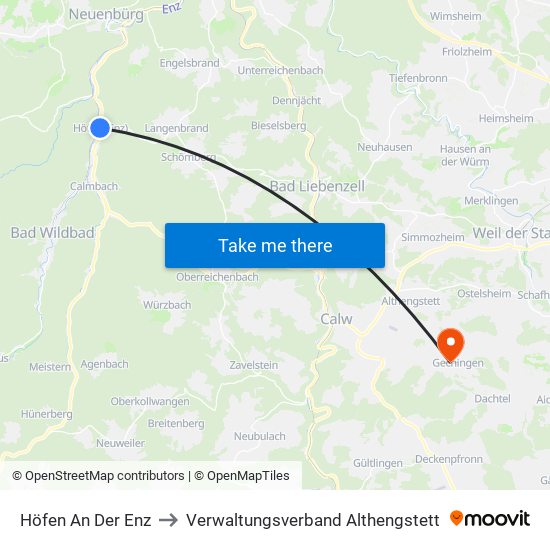 Höfen An Der Enz to Verwaltungsverband Althengstett map