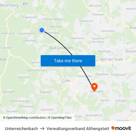 Unterreichenbach to Verwaltungsverband Althengstett map