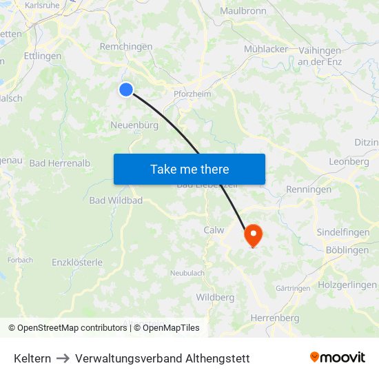 Keltern to Verwaltungsverband Althengstett map