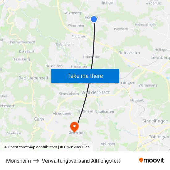 Mönsheim to Verwaltungsverband Althengstett map