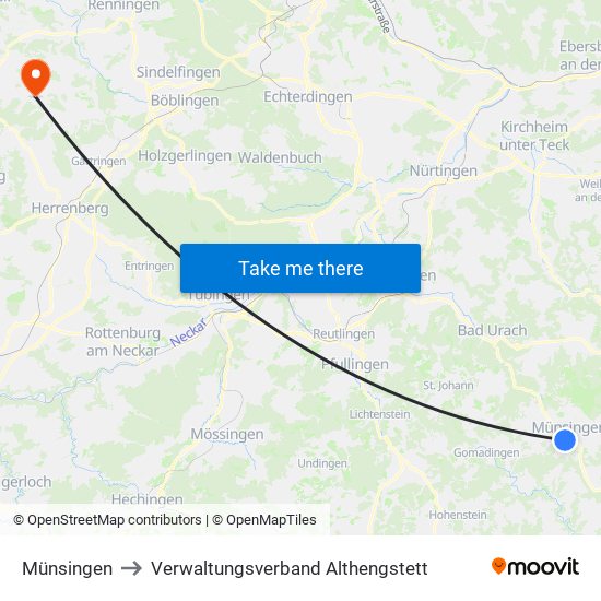 Münsingen to Verwaltungsverband Althengstett map