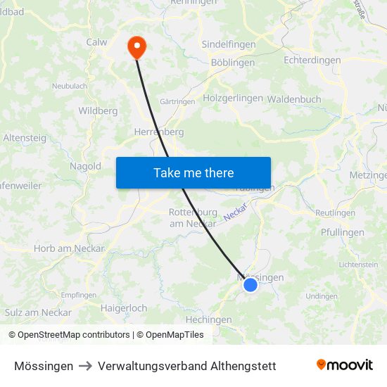 Mössingen to Verwaltungsverband Althengstett map