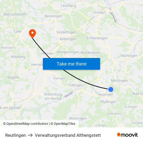 Reutlingen to Verwaltungsverband Althengstett map