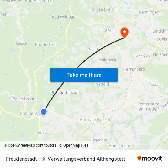 Freudenstadt to Verwaltungsverband Althengstett map