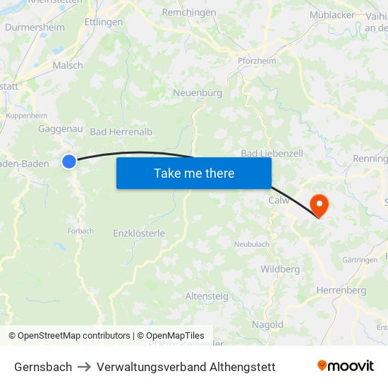 Gernsbach to Verwaltungsverband Althengstett map