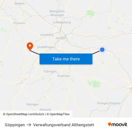 Göppingen to Verwaltungsverband Althengstett map