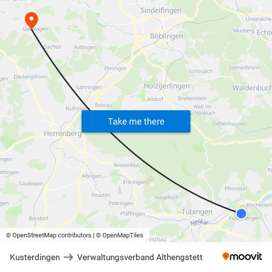 Kusterdingen to Verwaltungsverband Althengstett map