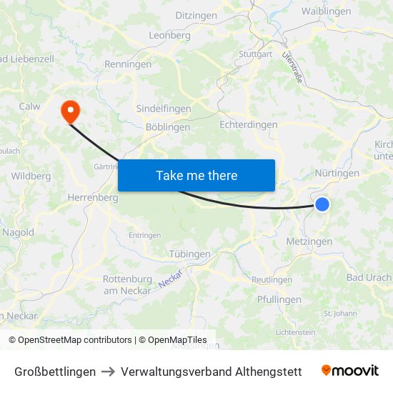 Großbettlingen to Verwaltungsverband Althengstett map