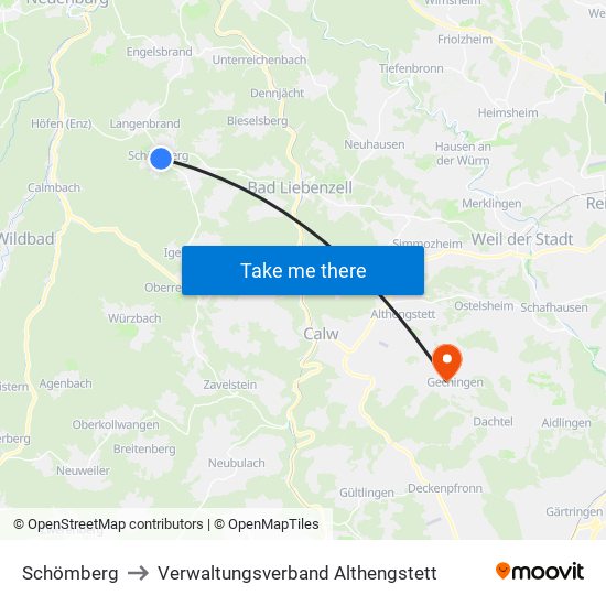 Schömberg to Verwaltungsverband Althengstett map