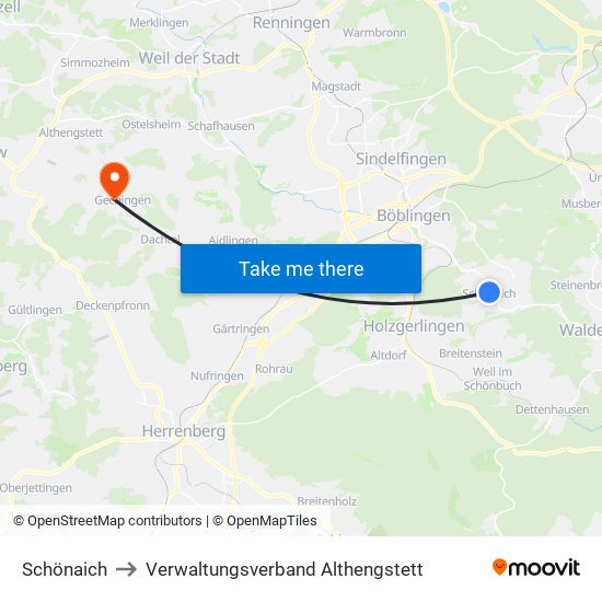 Schönaich to Verwaltungsverband Althengstett map