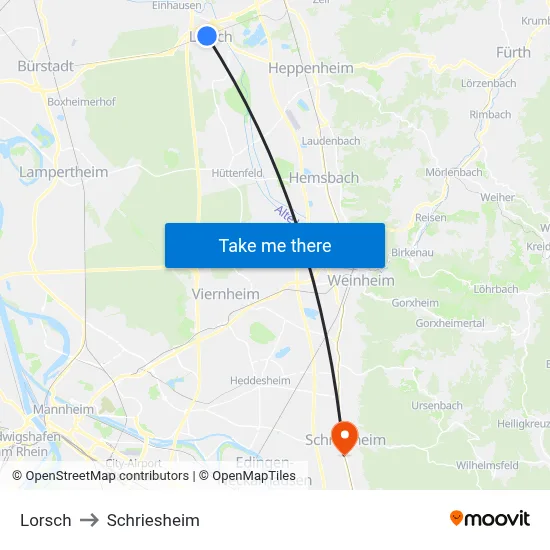 Lorsch to Schriesheim map