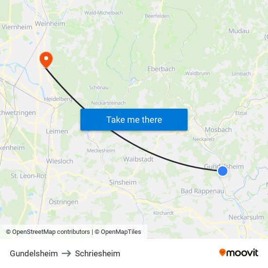 Gundelsheim to Schriesheim map