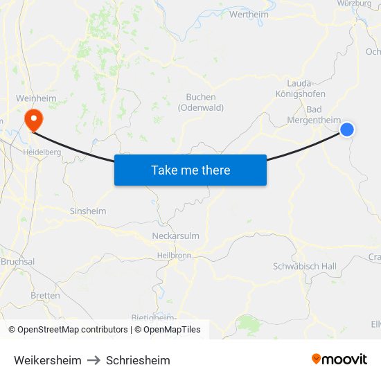 Weikersheim to Schriesheim map