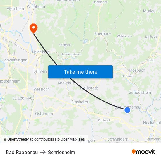 Bad Rappenau to Schriesheim map