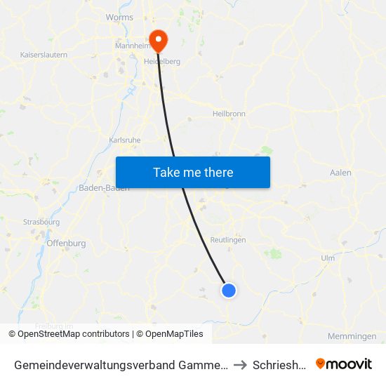 Gemeindeverwaltungsverband Gammertingen to Schriesheim map