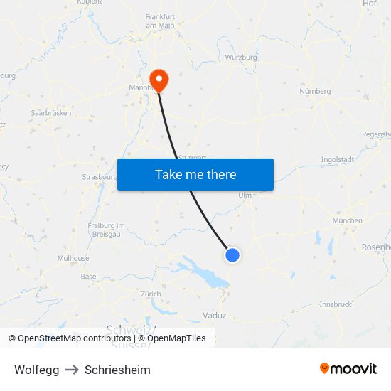 Wolfegg to Schriesheim map
