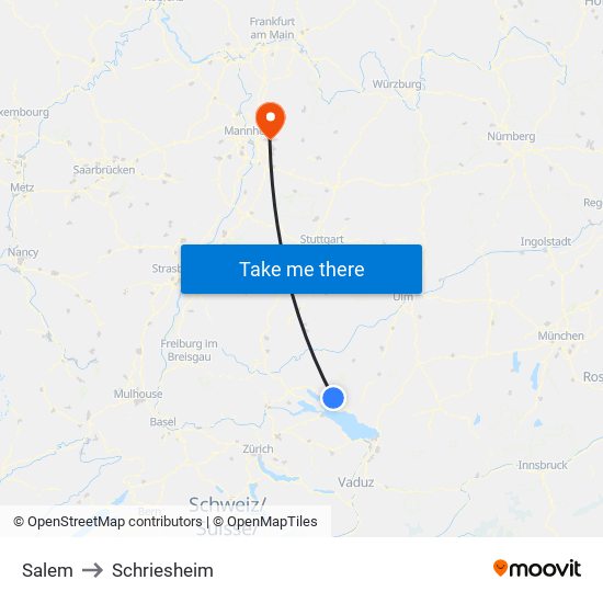 Salem to Schriesheim map