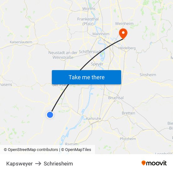 Kapsweyer to Schriesheim map