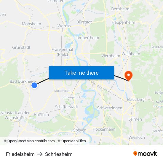 Friedelsheim to Schriesheim map