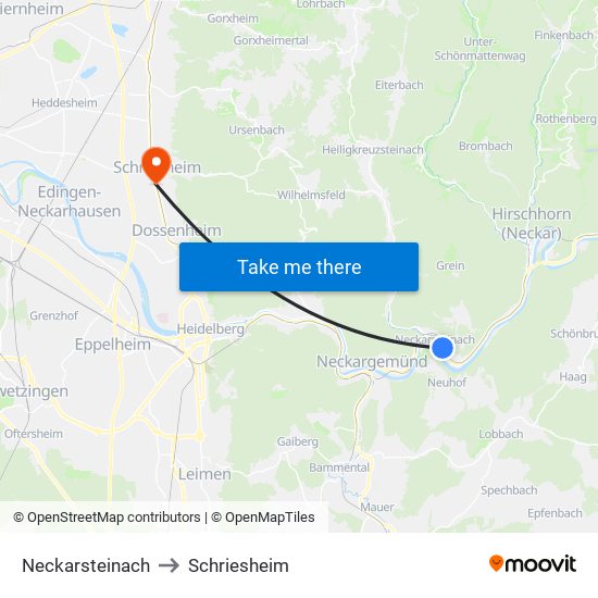 Neckarsteinach to Schriesheim map