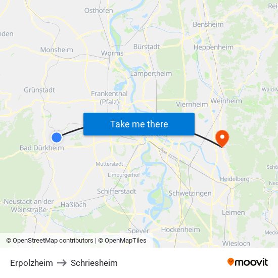 Erpolzheim to Schriesheim map