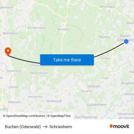 Buchen (Odenwald) to Schriesheim map