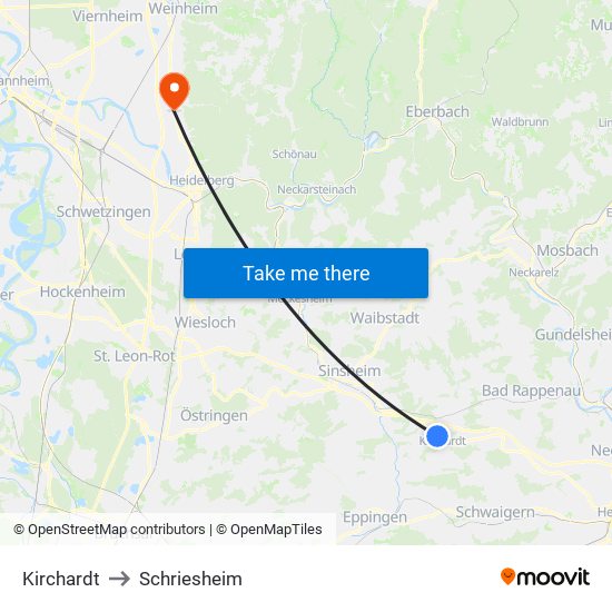 Kirchardt to Schriesheim map