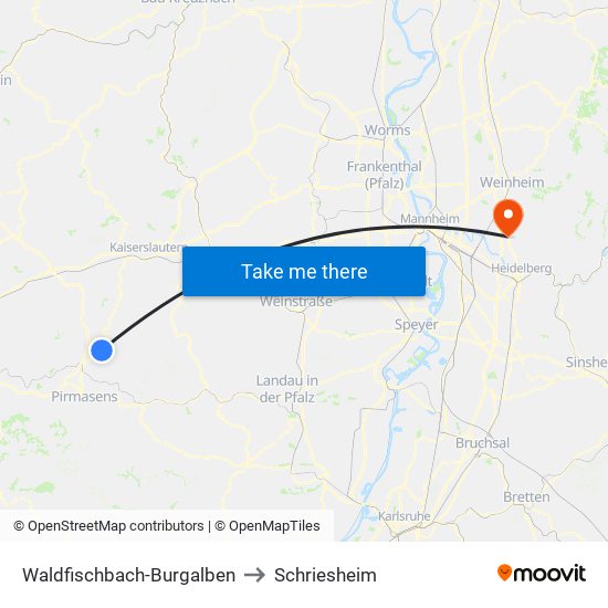 Waldfischbach-Burgalben to Schriesheim map