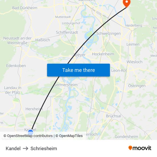 Kandel to Schriesheim map