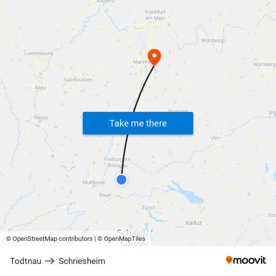 Todtnau to Schriesheim map