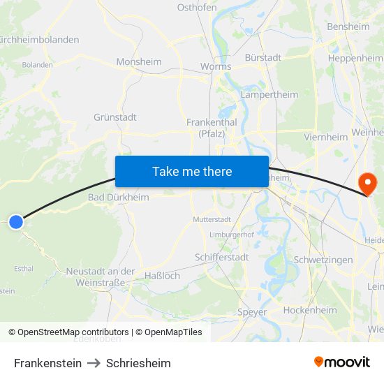 Frankenstein to Schriesheim map